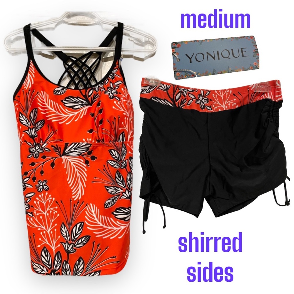 EUC (M) Yonique Ruched Strappy tankini top ruched bottoms matched set pink black